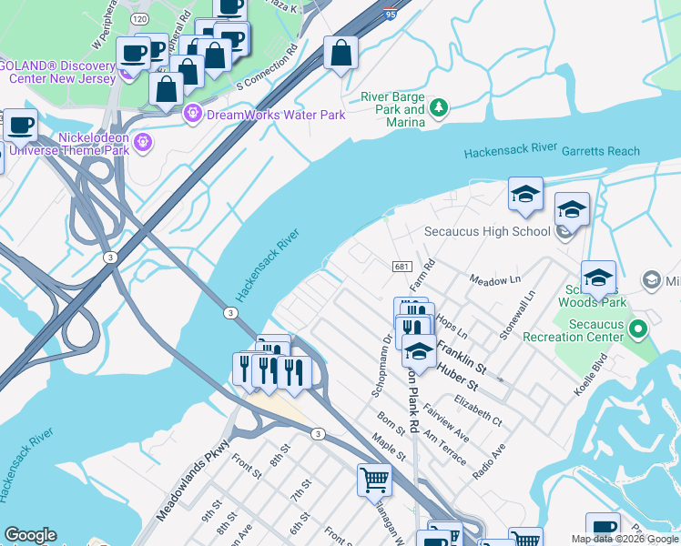 map of restaurants, bars, coffee shops, grocery stores, and more near 85 Osprey Court in Secaucus