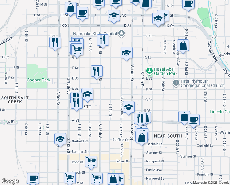 map of restaurants, bars, coffee shops, grocery stores, and more near 1428 C Street in Lincoln