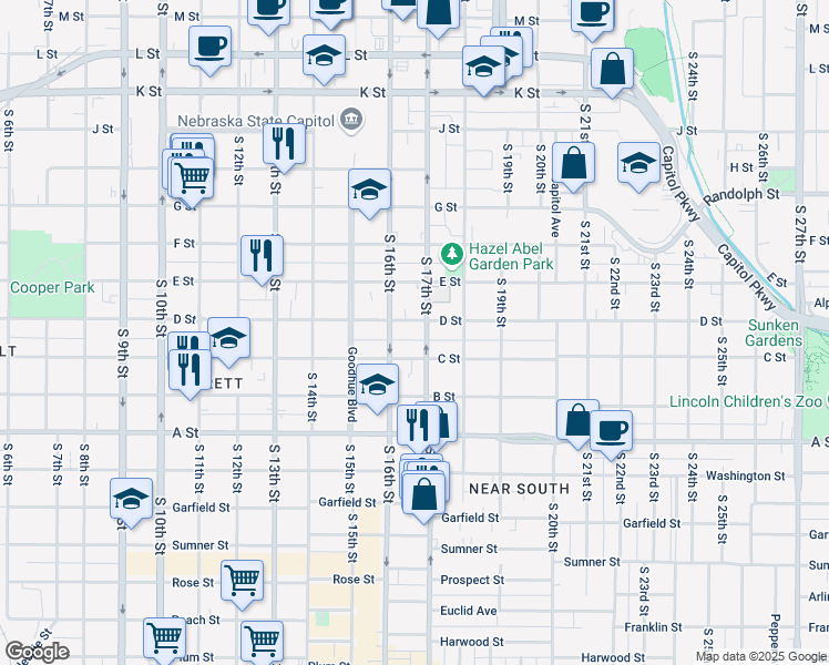 map of restaurants, bars, coffee shops, grocery stores, and more near 1620 C Street in Lincoln