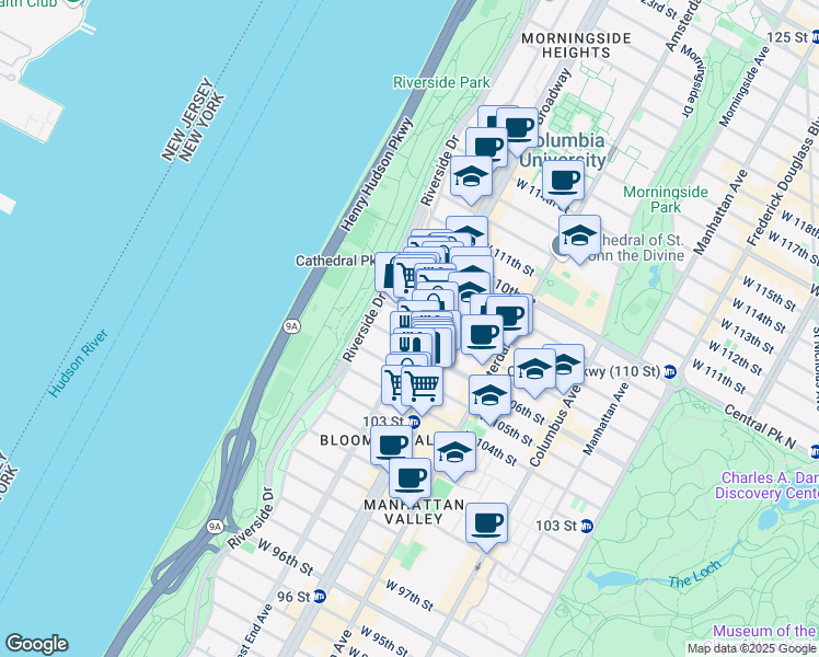 map of restaurants, bars, coffee shops, grocery stores, and more near 900 West End Avenue in New York