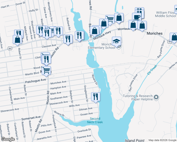 map of restaurants, bars, coffee shops, grocery stores, and more near 239 Patchogue Avenue in Mastic