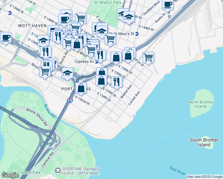 map of restaurants, bars, coffee shops, grocery stores, and more near 839 East 135th Street in The Bronx