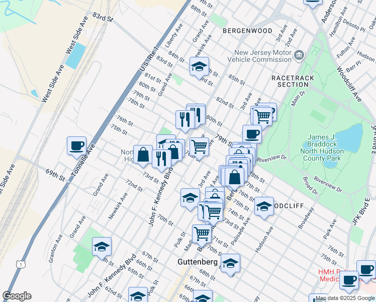 map of restaurants, bars, coffee shops, grocery stores, and more near 911 76th Street in North Bergen