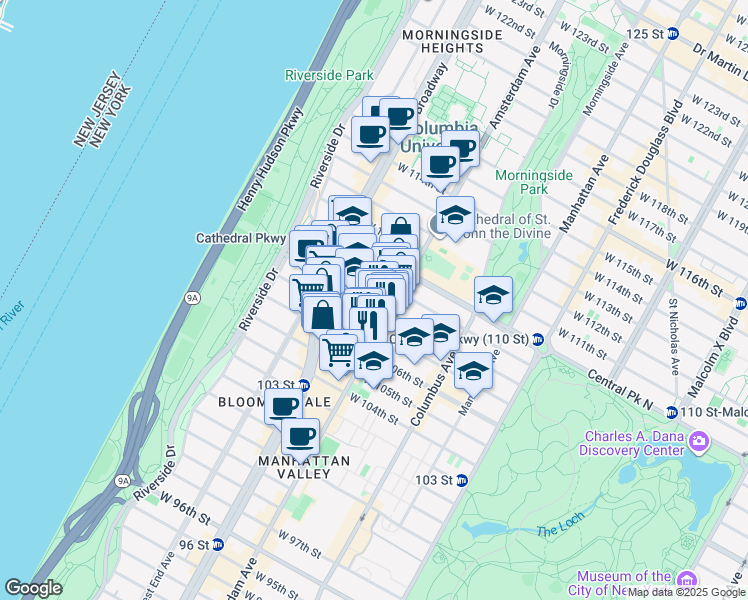 map of restaurants, bars, coffee shops, grocery stores, and more near 209 West 108th Street in New York