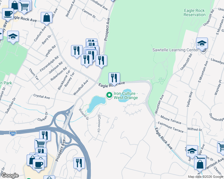 map of restaurants, bars, coffee shops, grocery stores, and more near 414 Eagle Rock Avenue in West Orange