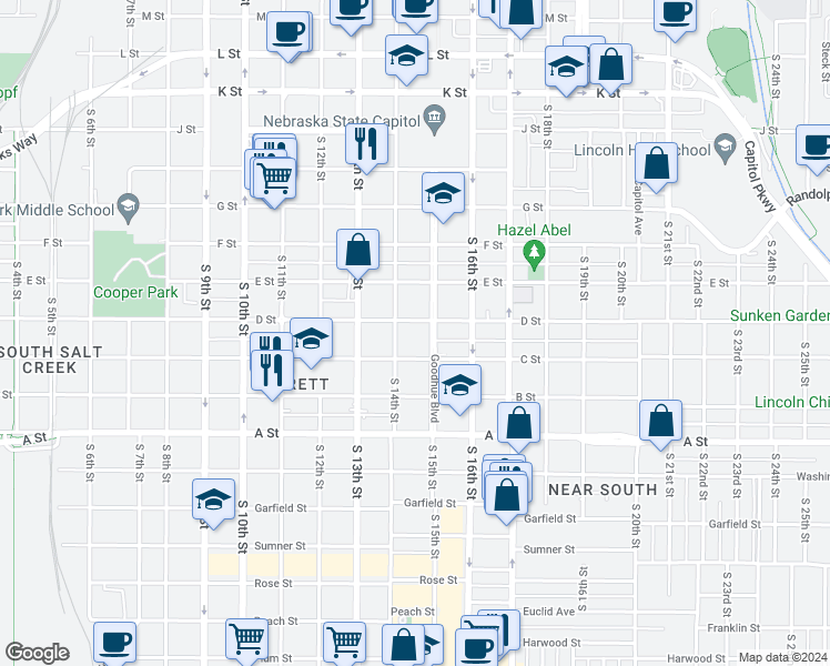 map of restaurants, bars, coffee shops, grocery stores, and more near 1431 D Street in Lincoln