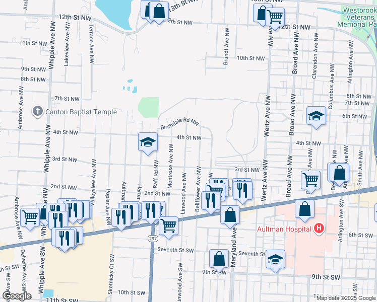 map of restaurants, bars, coffee shops, grocery stores, and more near 336 Linwood Avenue Northwest in Canton