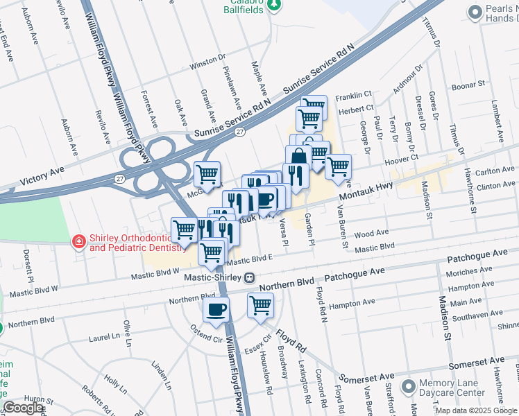 map of restaurants, bars, coffee shops, grocery stores, and more near 910 Montauk Highway in Shirley