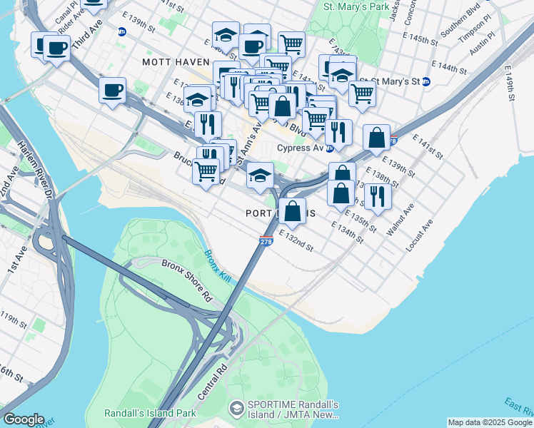 map of restaurants, bars, coffee shops, grocery stores, and more near in The Bronx