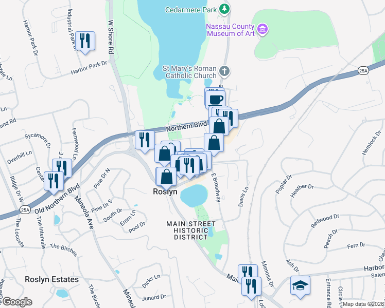 map of restaurants, bars, coffee shops, grocery stores, and more near 1391 Old Northern Boulevard in Roslyn