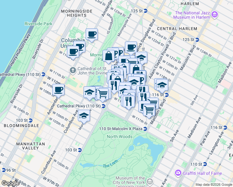 map of restaurants, bars, coffee shops, grocery stores, and more near 249 West 112th Street in New York