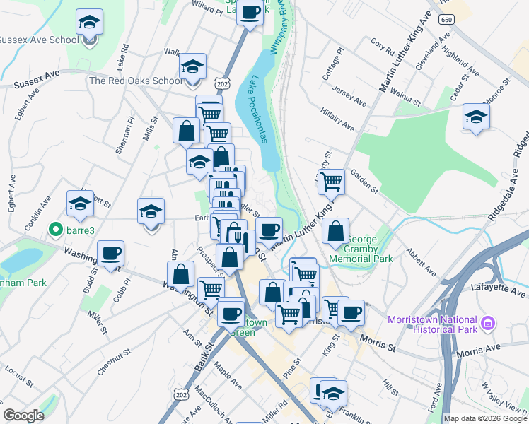 map of restaurants, bars, coffee shops, grocery stores, and more near 32 Flagler Street in Morristown