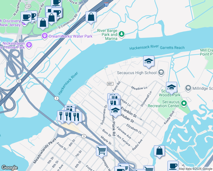 map of restaurants, bars, coffee shops, grocery stores, and more near 14 Village Place in Secaucus
