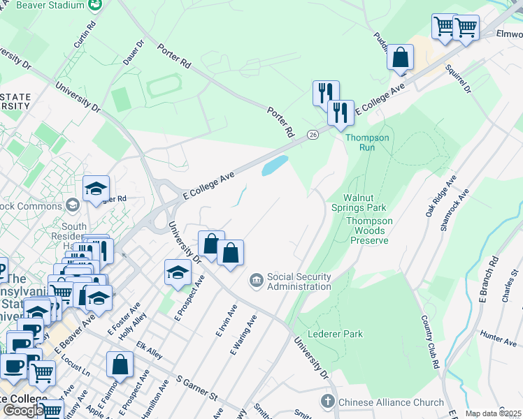 map of restaurants, bars, coffee shops, grocery stores, and more near 925 Bellaire Avenue in State College