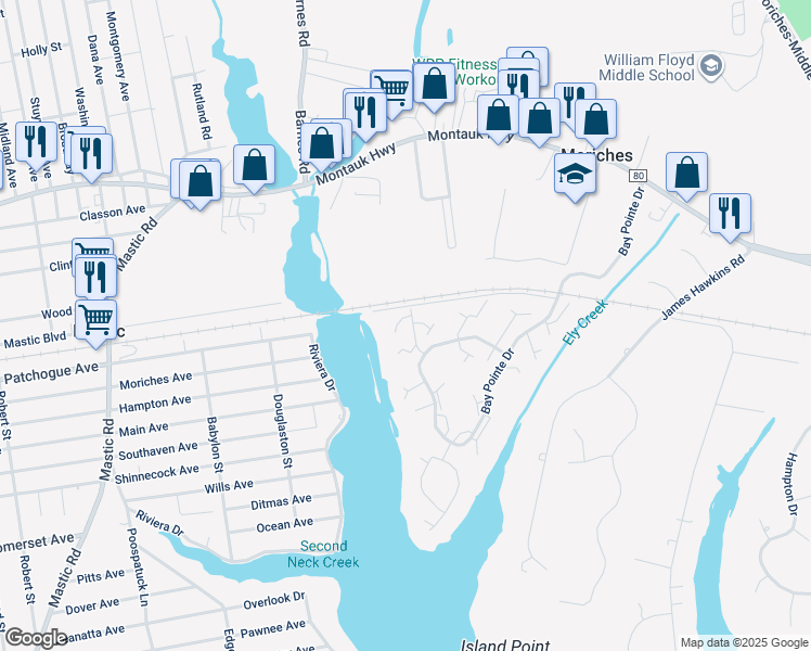 map of restaurants, bars, coffee shops, grocery stores, and more near 407 Harborview Court in Moriches