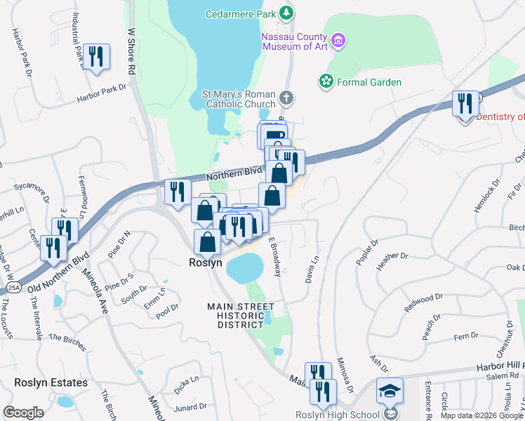 map of restaurants, bars, coffee shops, grocery stores, and more near in Roslyn