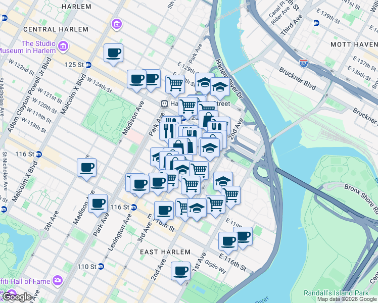 map of restaurants, bars, coffee shops, grocery stores, and more near 221 1/2 East 122nd Street in New York