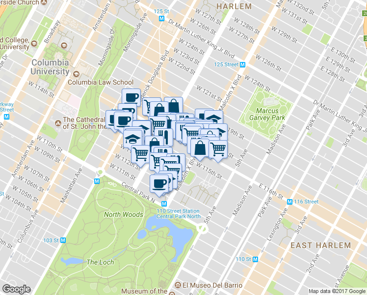 map of restaurants, bars, coffee shops, grocery stores, and more near 113 West 114th Street in New York