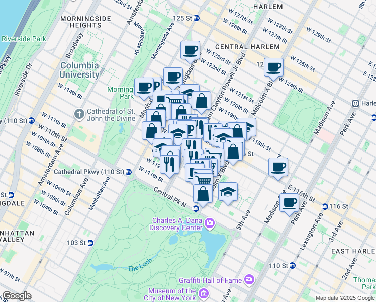 map of restaurants, bars, coffee shops, grocery stores, and more near 124 West 114th Street in New York