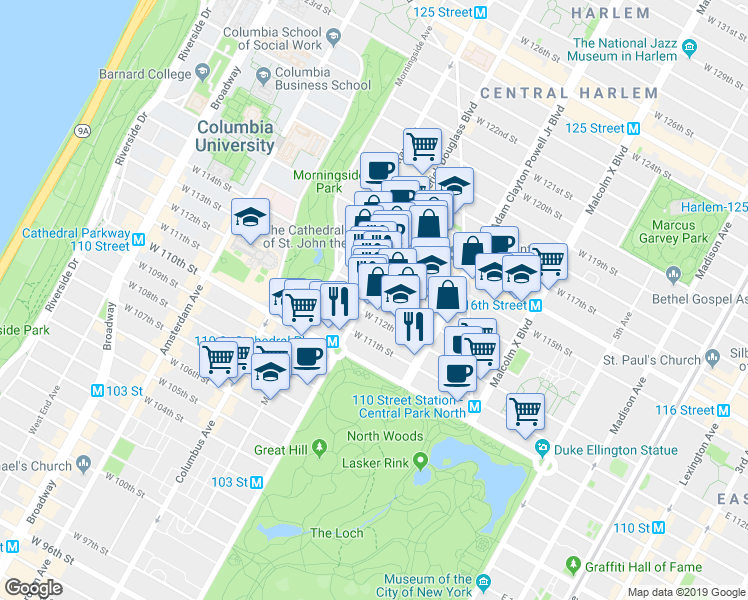 map of restaurants, bars, coffee shops, grocery stores, and more near 249 West 112th Street in New York