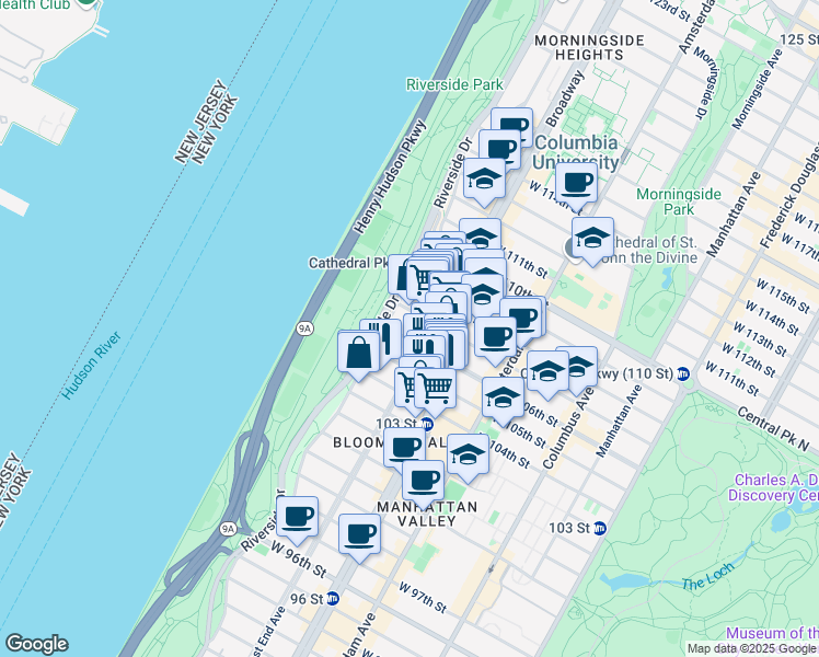 map of restaurants, bars, coffee shops, grocery stores, and more near 307 West 105th Street in New York