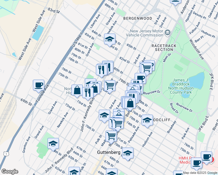 map of restaurants, bars, coffee shops, grocery stores, and more near 911 76th Street in North Bergen