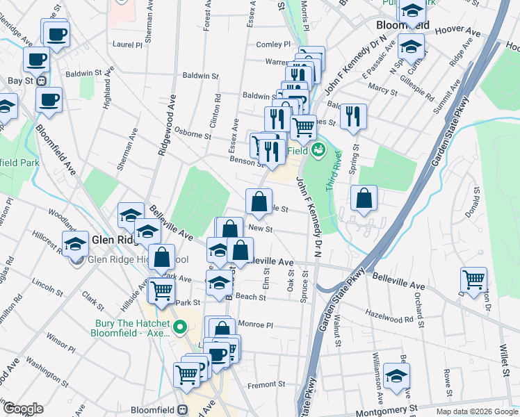 map of restaurants, bars, coffee shops, grocery stores, and more near 43 New Street in Bloomfield