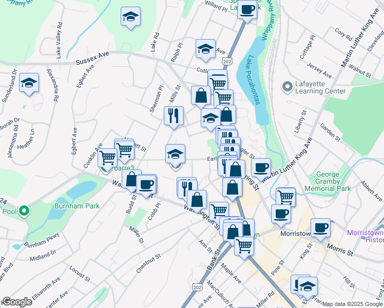 map of restaurants, bars, coffee shops, grocery stores, and more near 40 Early Street in Morristown