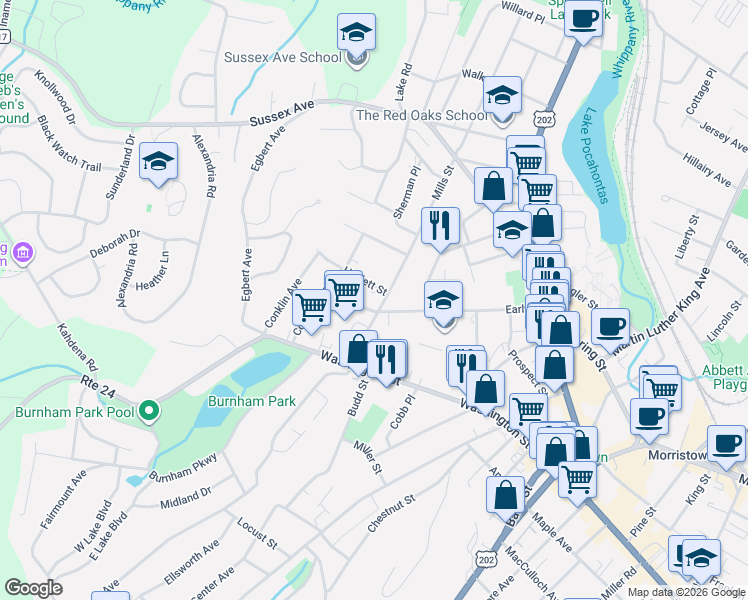 map of restaurants, bars, coffee shops, grocery stores, and more near 22 Mills Street in Morristown
