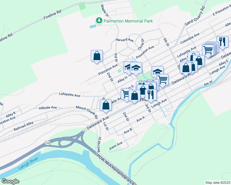 map of restaurants, bars, coffee shops, grocery stores, and more near 101-199 Franklin St in Palmerton