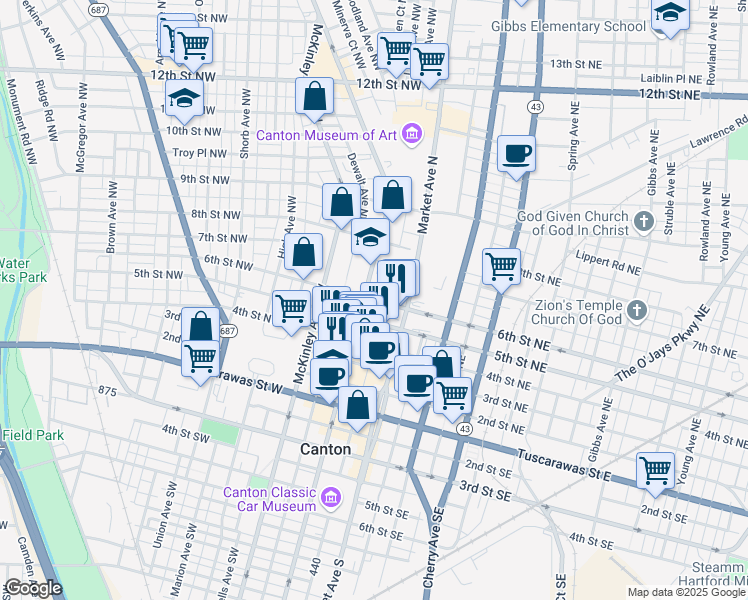map of restaurants, bars, coffee shops, grocery stores, and more near 223 5th Street Northwest in Canton