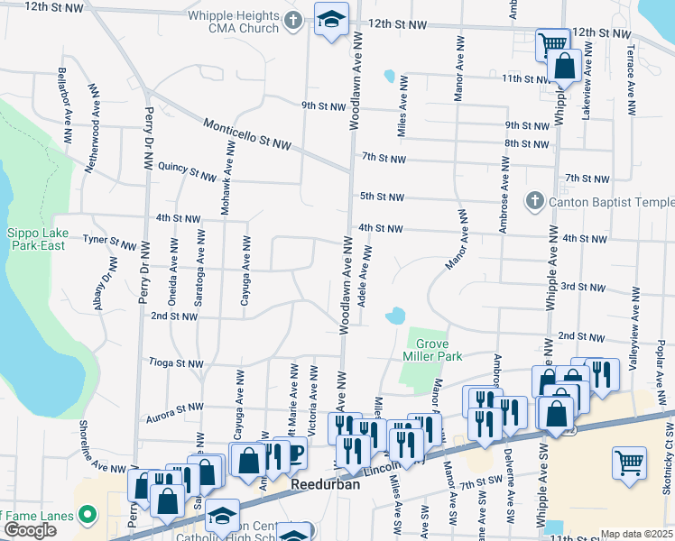 map of restaurants, bars, coffee shops, grocery stores, and more near 245 Woodlawn Avenue Northwest in Canton