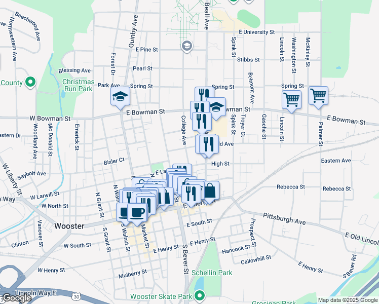 map of restaurants, bars, coffee shops, grocery stores, and more near 348 East Larwill Street in Wooster