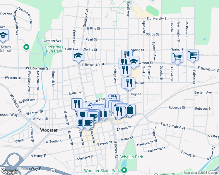 map of restaurants, bars, coffee shops, grocery stores, and more near 327 North Bever Street in Wooster