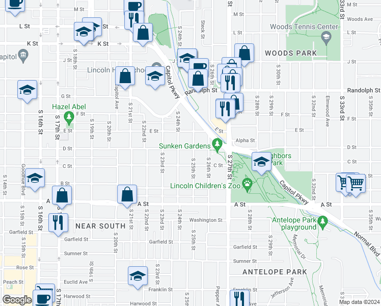 map of restaurants, bars, coffee shops, grocery stores, and more near 2426 C Street in Lincoln