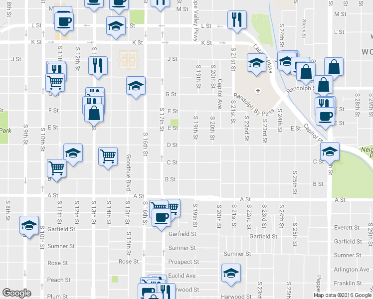 map of restaurants, bars, coffee shops, grocery stores, and more near 1824 C Street in Lincoln