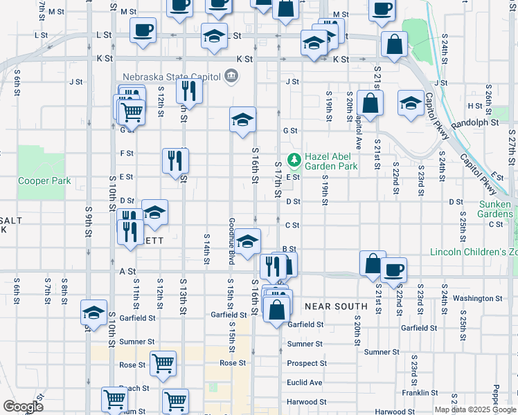 map of restaurants, bars, coffee shops, grocery stores, and more near 1620 C Street in Lincoln