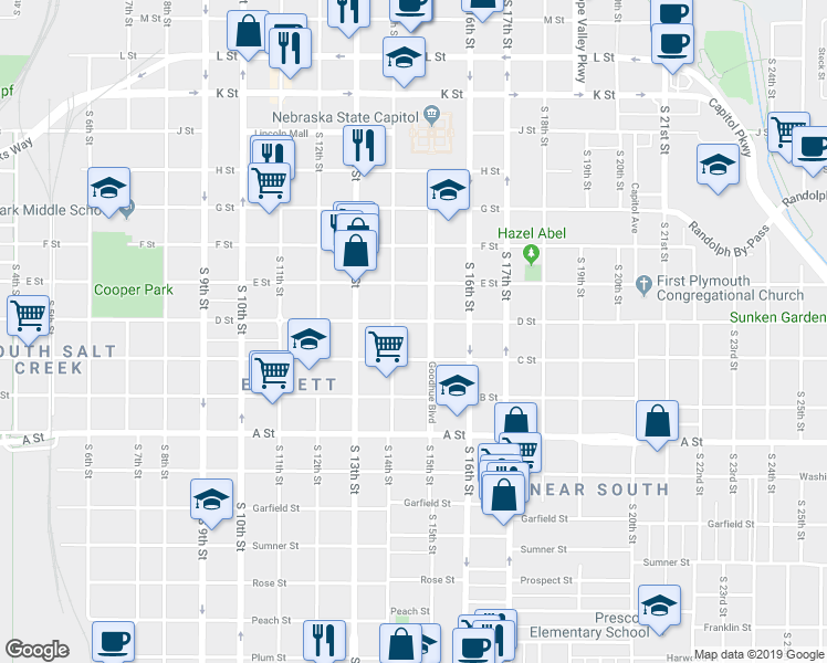 map of restaurants, bars, coffee shops, grocery stores, and more near 1428 C Street in Lincoln