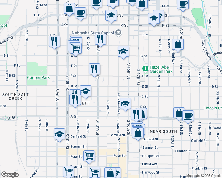 map of restaurants, bars, coffee shops, grocery stores, and more near 1428 C Street in Lincoln