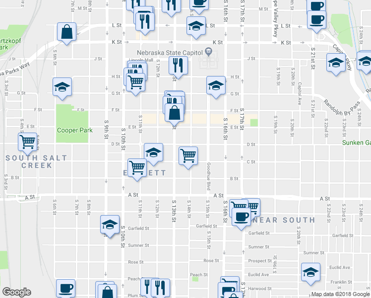 map of restaurants, bars, coffee shops, grocery stores, and more near 1320 C Street in Lincoln