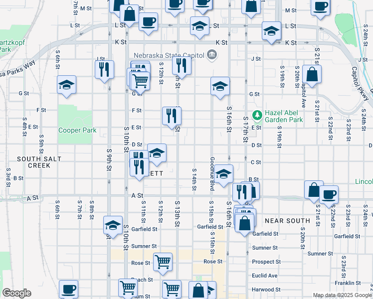 map of restaurants, bars, coffee shops, grocery stores, and more near 1320 C Street in Lincoln