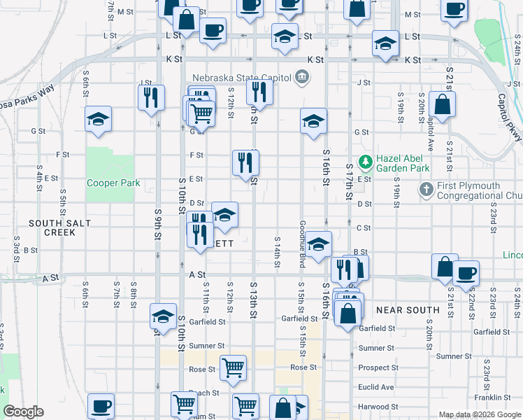 map of restaurants, bars, coffee shops, grocery stores, and more near 1320 C Street in Lincoln