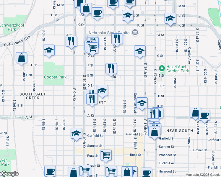 map of restaurants, bars, coffee shops, grocery stores, and more near 1220 C Street in Lincoln