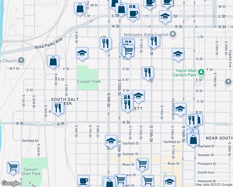 map of restaurants, bars, coffee shops, grocery stores, and more near 912 C Street in Lincoln