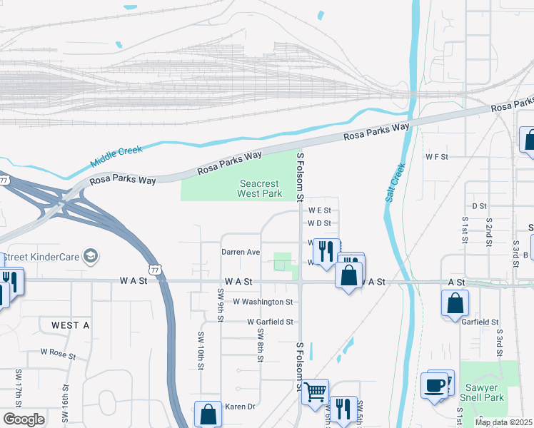 map of restaurants, bars, coffee shops, grocery stores, and more near 747 West E Street in Lincoln