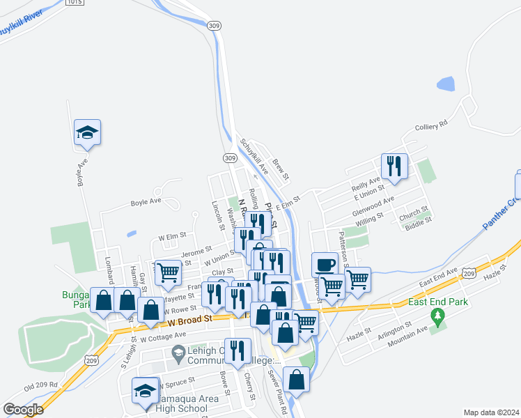map of restaurants, bars, coffee shops, grocery stores, and more near 405 Rolling Mill Avenue in Tamaqua