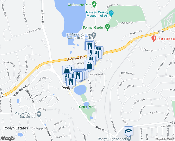 map of restaurants, bars, coffee shops, grocery stores, and more near 1431 Old Northern Boulevard in Roslyn