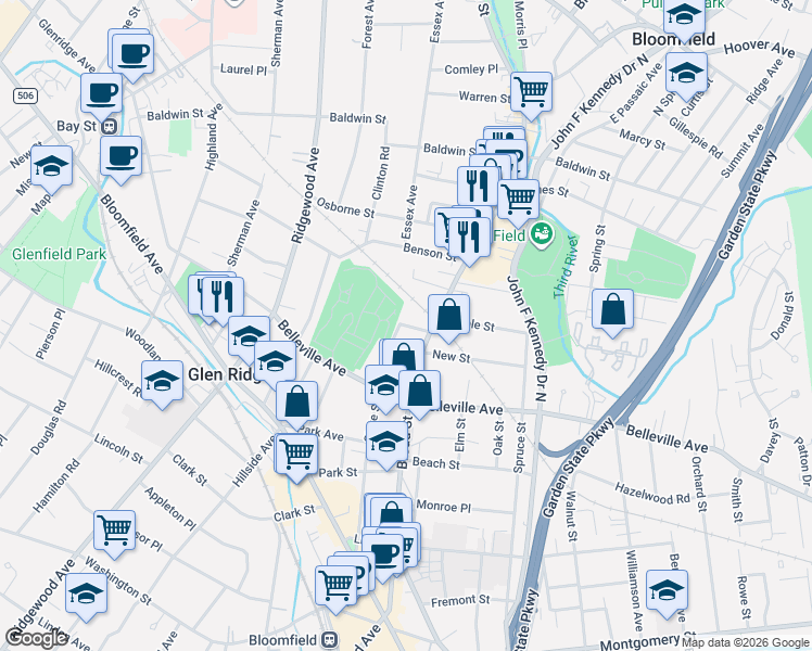 map of restaurants, bars, coffee shops, grocery stores, and more near 169 State Street in Bloomfield