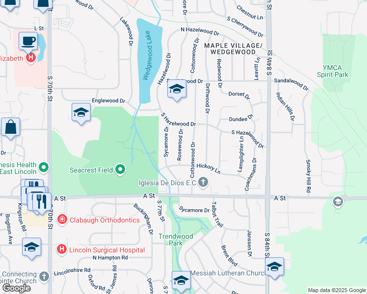 map of restaurants, bars, coffee shops, grocery stores, and more near 1120 Rosewood Drive in Lincoln