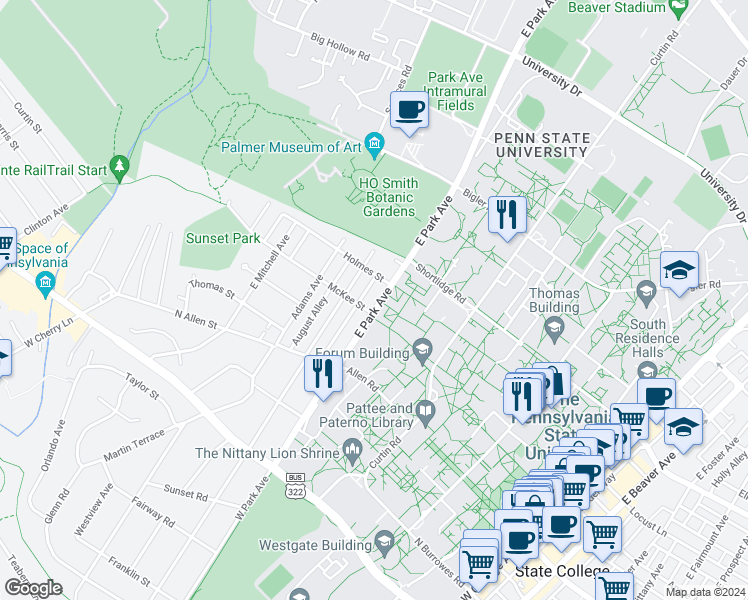 map of restaurants, bars, coffee shops, grocery stores, and more near 213 East Park Avenue in State College